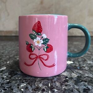 Place and Time Pink Strawberry Bow Ceramic Coffee Mug Teal Handle Coquette
